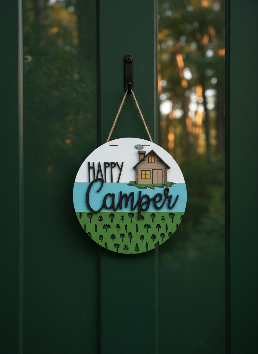Happy Camper Door Hanger – 3D Wood Camping Decor | Cabin, RV & Lake House Welcome Sign