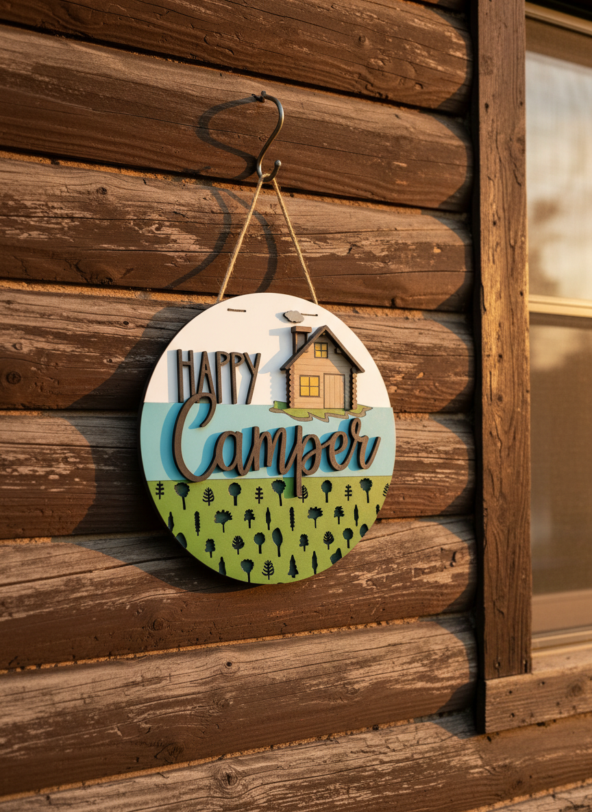 Happy Camper Door Hanger – 3D Wood Camping Decor | Cabin, RV & Lake House Welcome Sign