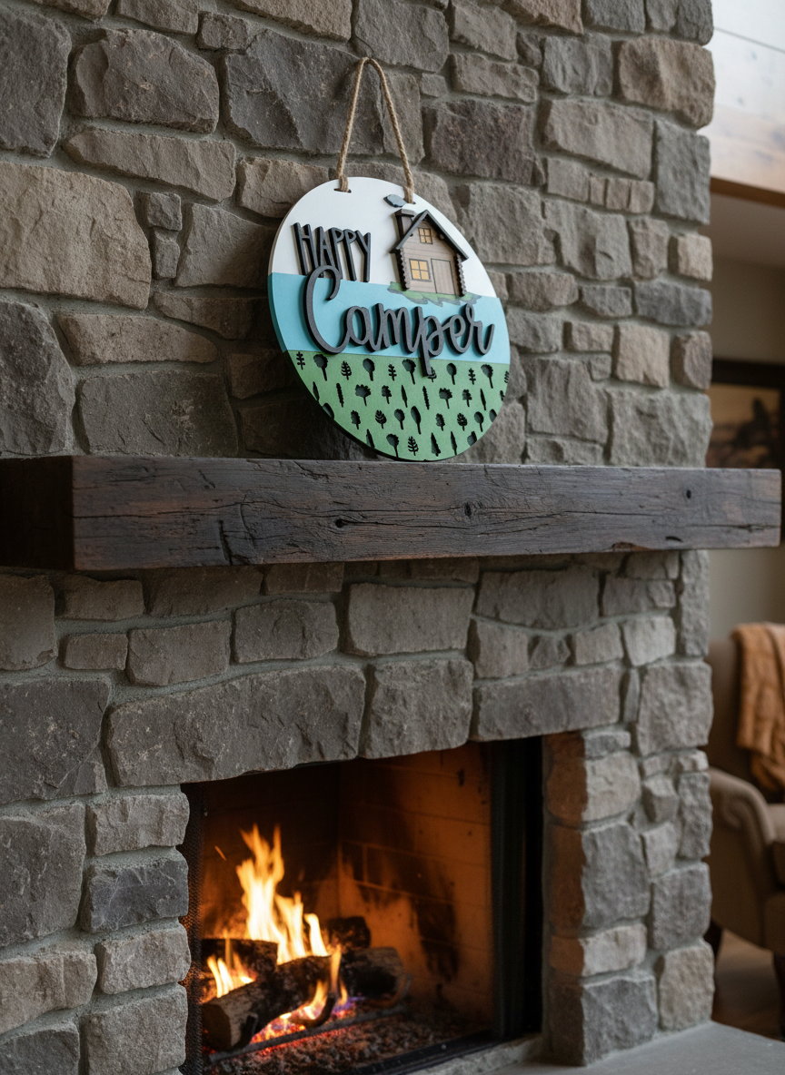 Happy Camper Door Hanger – 3D Wood Camping Decor | Cabin, RV & Lake House Welcome Sign
