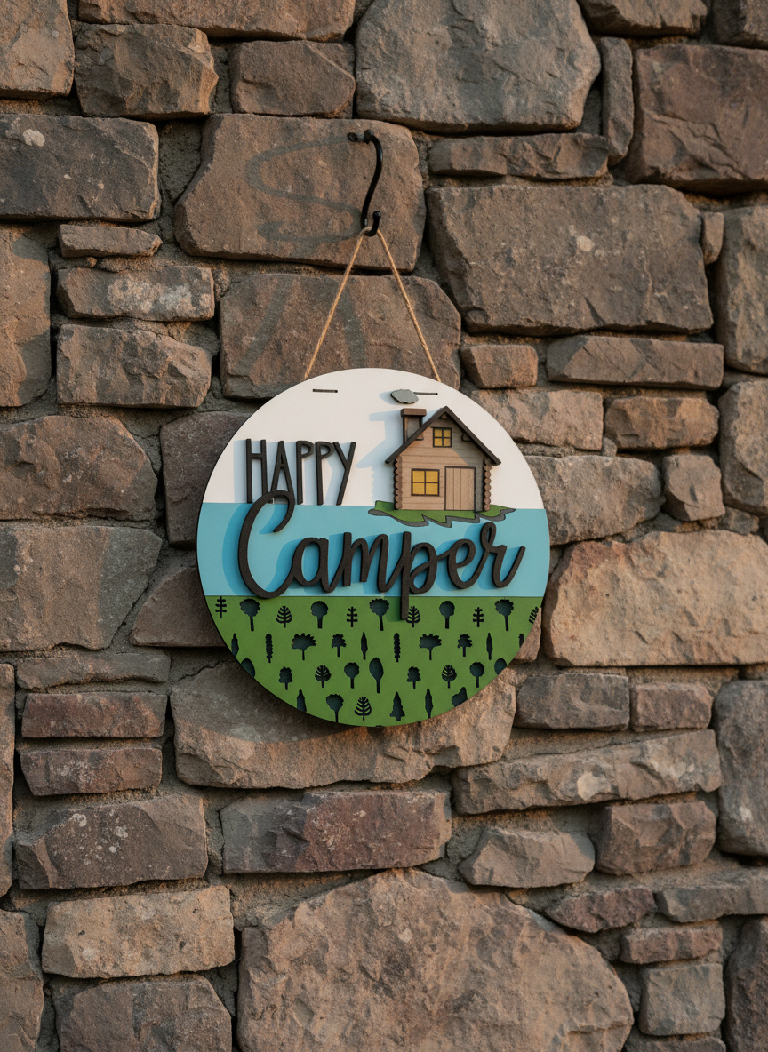 Happy Camper Door Hanger – 3D Wood Camping Decor | Cabin, RV & Lake House Welcome Sign