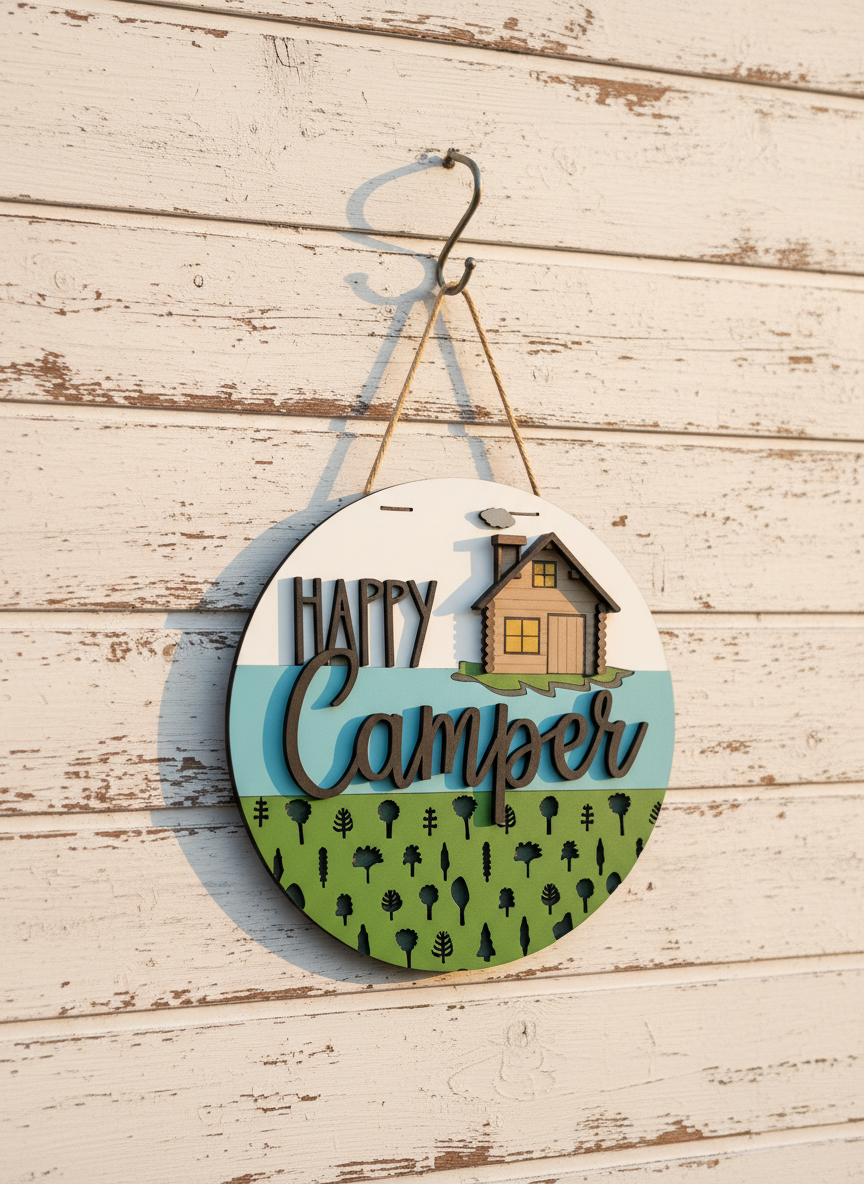 Happy Camper Door Hanger – 3D Wood Camping Decor | Cabin, RV & Lake House Welcome Sign