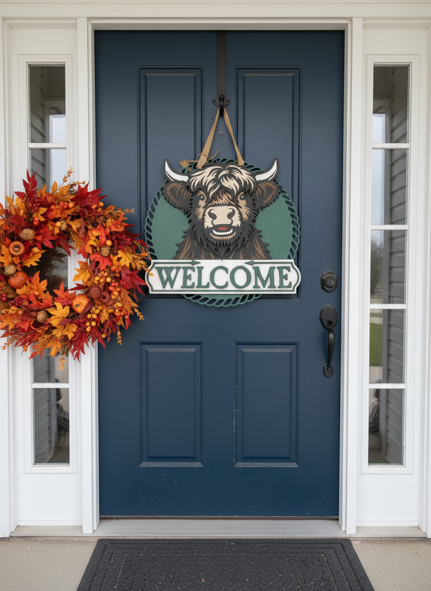 Highland Cow Door Sign – Handcrafted Farmhouse & Rustic Home Décor
