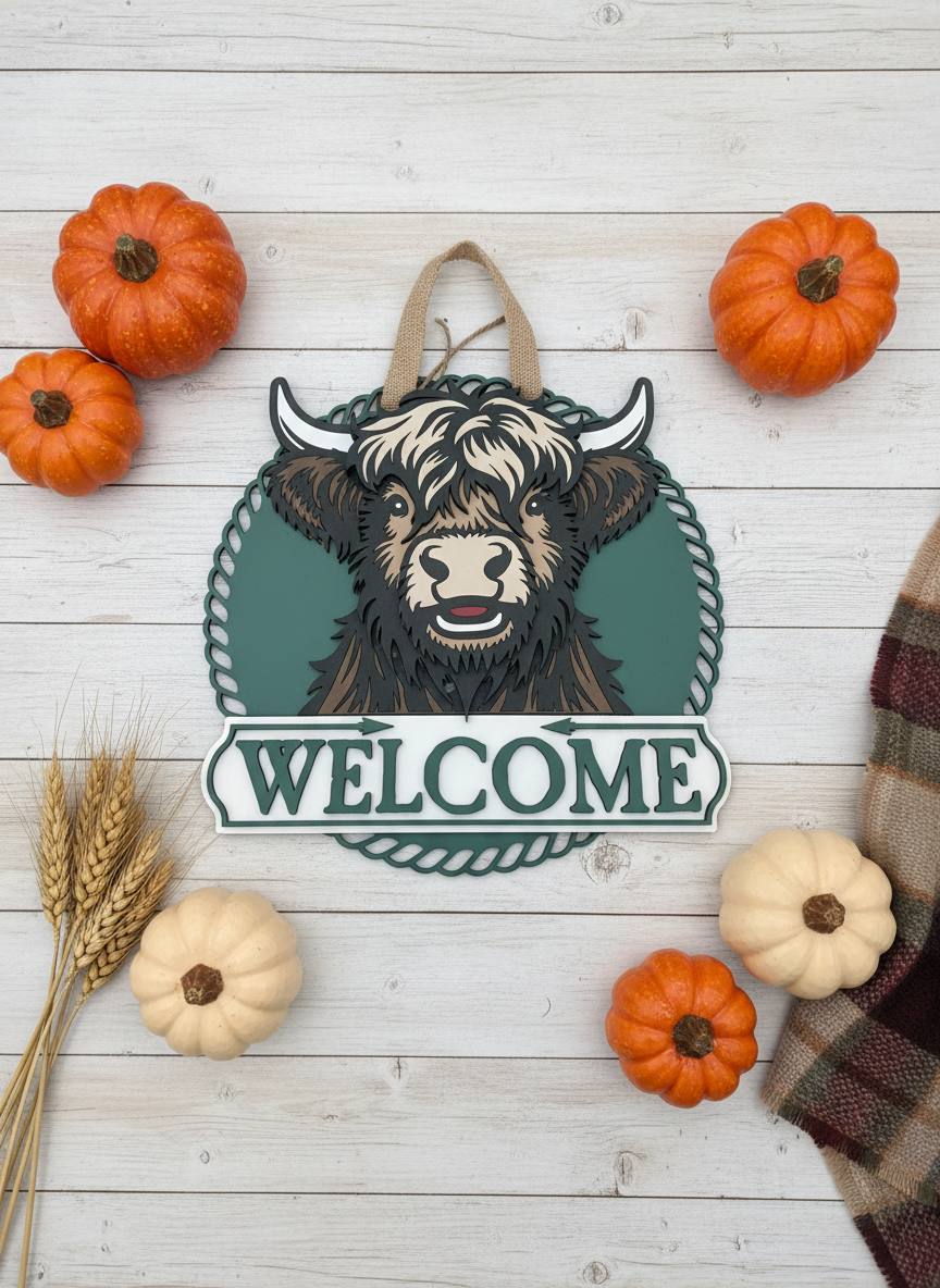 Highland Cow Door Sign – Handcrafted Farmhouse & Rustic Home Décor