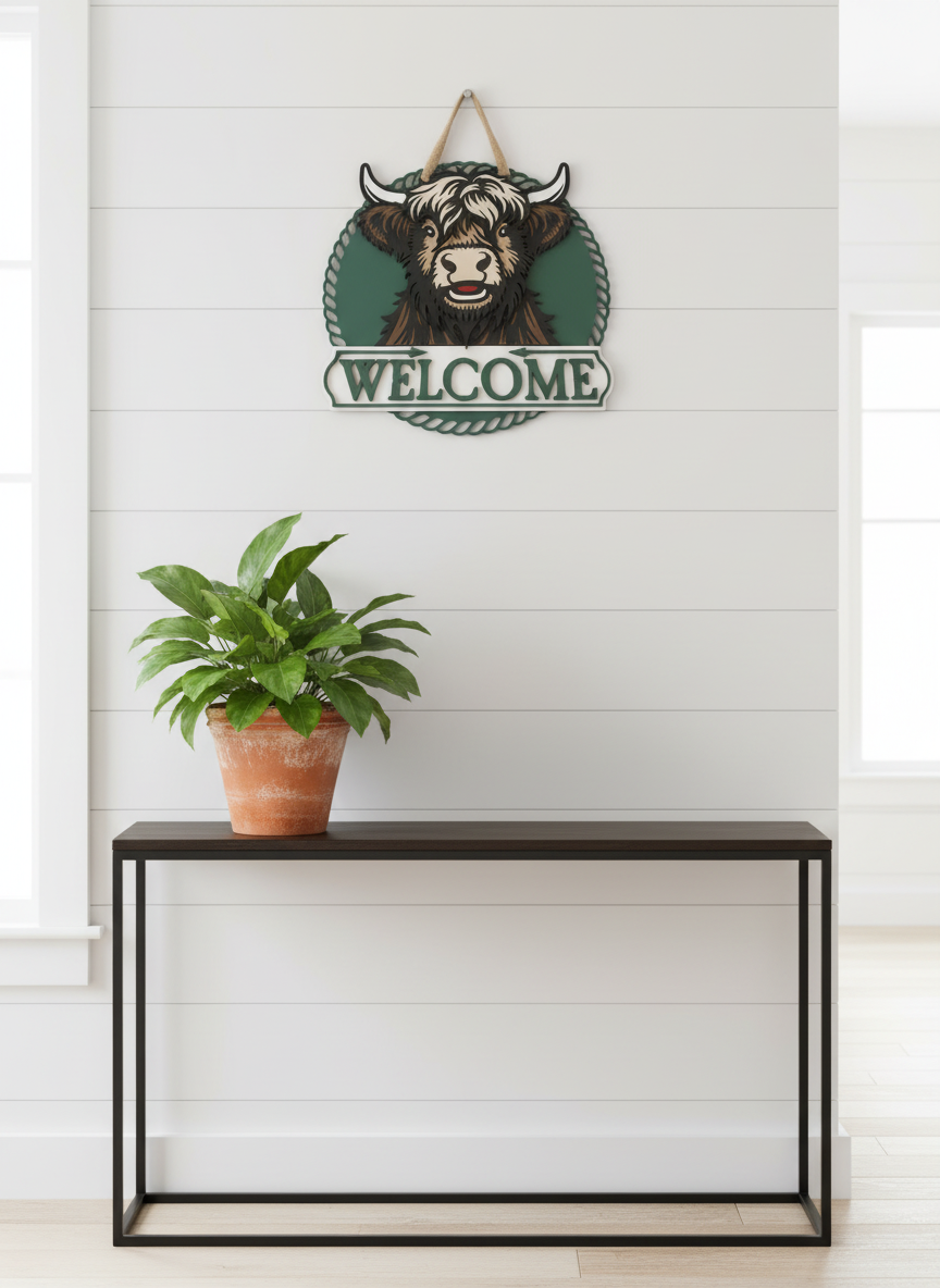 Highland Cow Door Sign – Handcrafted Farmhouse & Rustic Home Décor