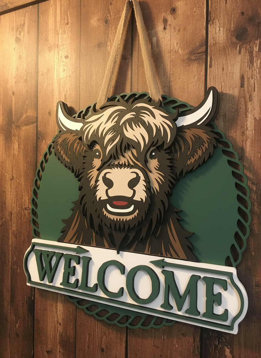 Highland Cow Door Sign – Handcrafted Farmhouse & Rustic Home Décor