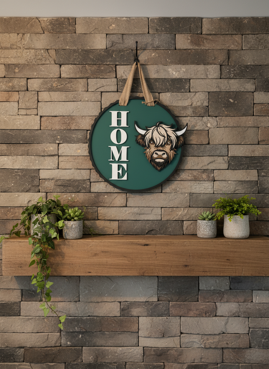 Highland Cow “Home” Door Sign – Handcrafted Farmhouse & Rustic Home Décor