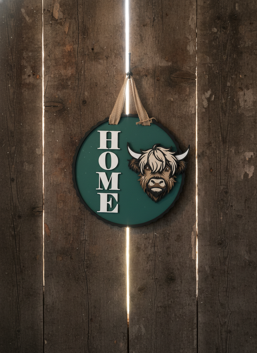 Highland Cow “Home” Door Sign – Handcrafted Farmhouse & Rustic Home Décor