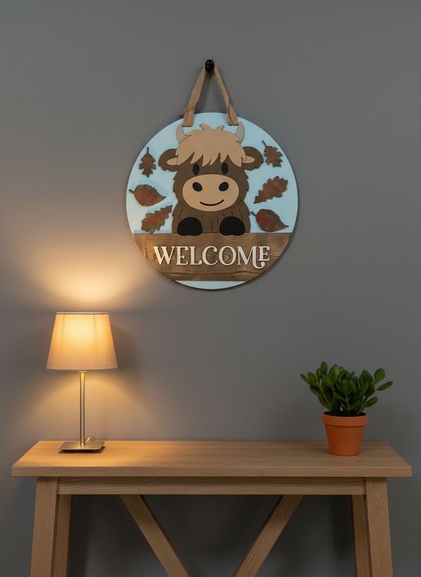 Highland Cow Welcome Door Hanger – 3D Wood Farmhouse Fall Front Door Sign