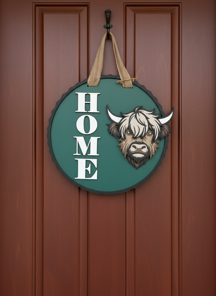 Highland Cow “Home” Door Sign – Handcrafted Farmhouse & Rustic Home Décor