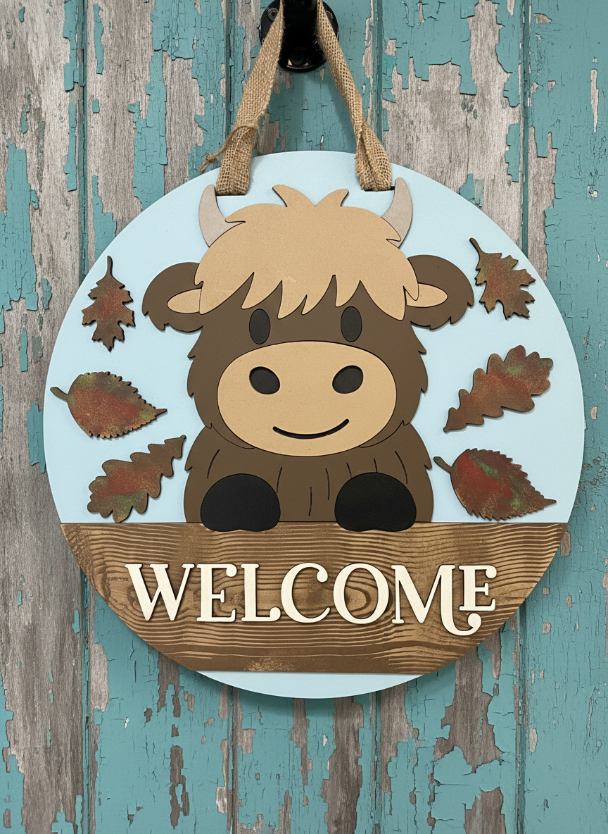 Highland Cow Welcome Door Hanger – 3D Wood Farmhouse Fall Front Door Sign