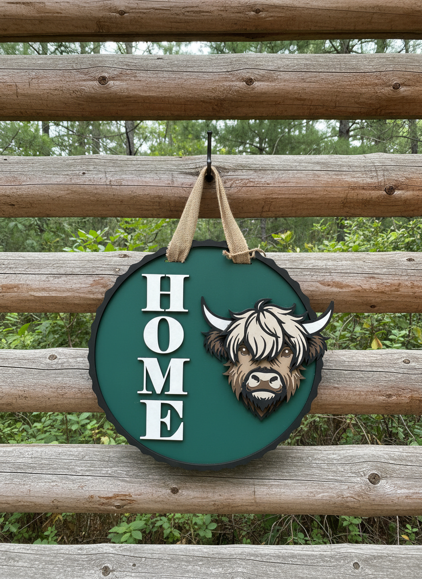 Highland Cow “Home” Door Sign – Handcrafted Farmhouse & Rustic Home Décor