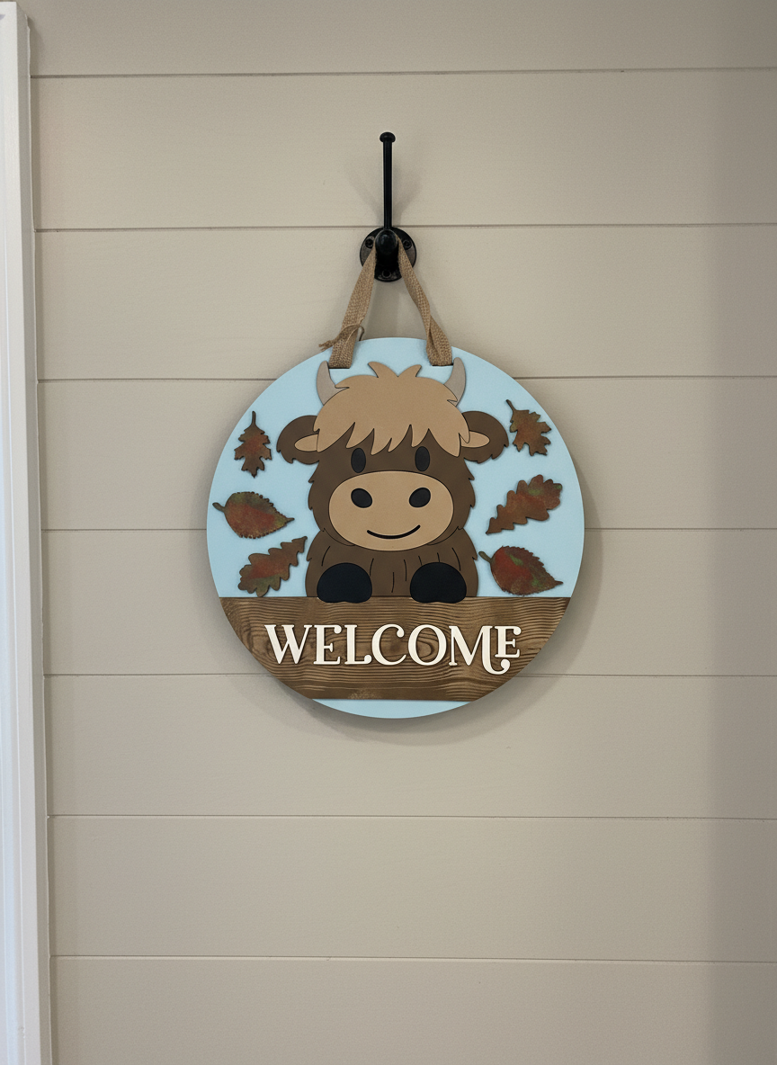 Highland Cow Welcome Door Hanger – 3D Wood Farmhouse Fall Front Door Sign