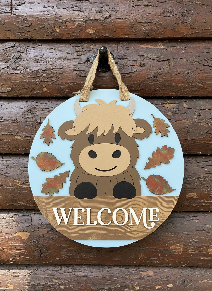 Highland Cow Welcome Door Hanger – 3D Wood Farmhouse Fall Front Door Sign
