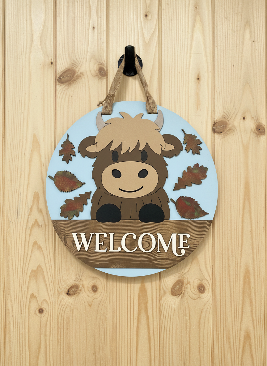 Highland Cow Welcome Door Hanger – 3D Wood Farmhouse Fall Front Door Sign