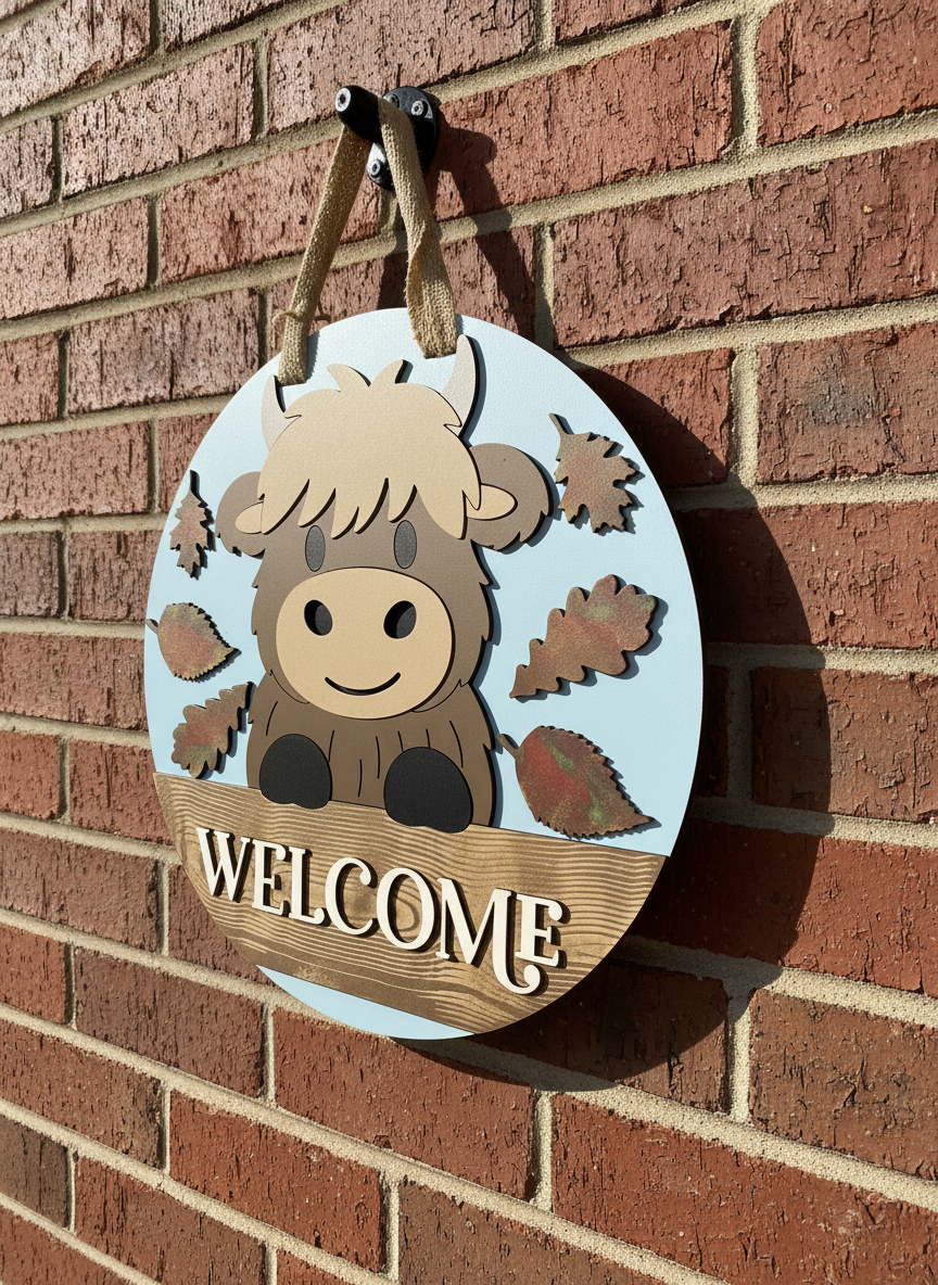 Highland Cow Welcome Door Hanger – 3D Wood Farmhouse Fall Front Door Sign