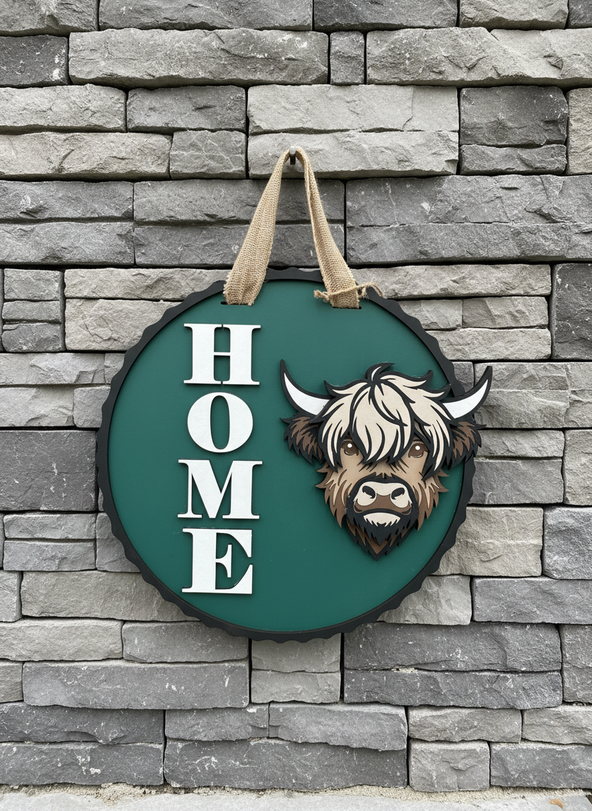 Highland Cow “Home” Door Sign – Handcrafted Farmhouse & Rustic Home Décor