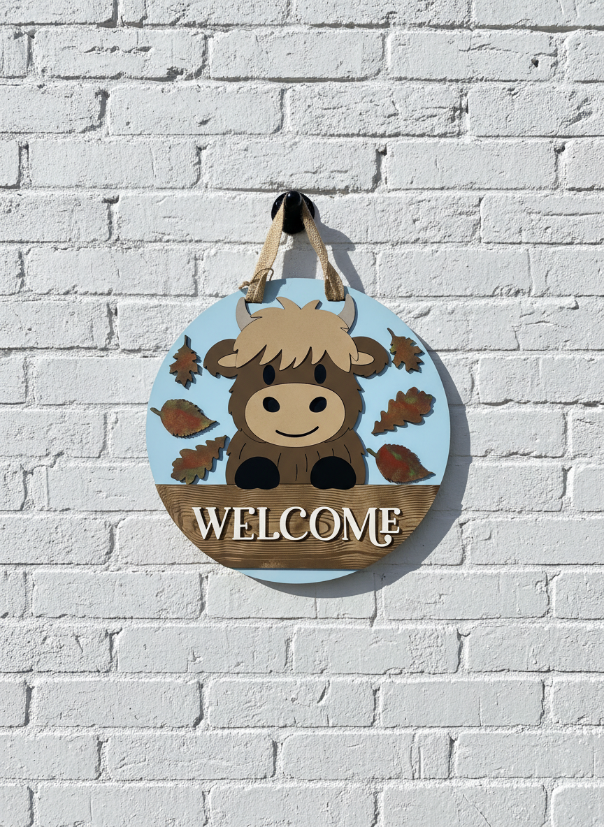 Highland Cow Welcome Door Hanger – 3D Wood Farmhouse Fall Front Door Sign