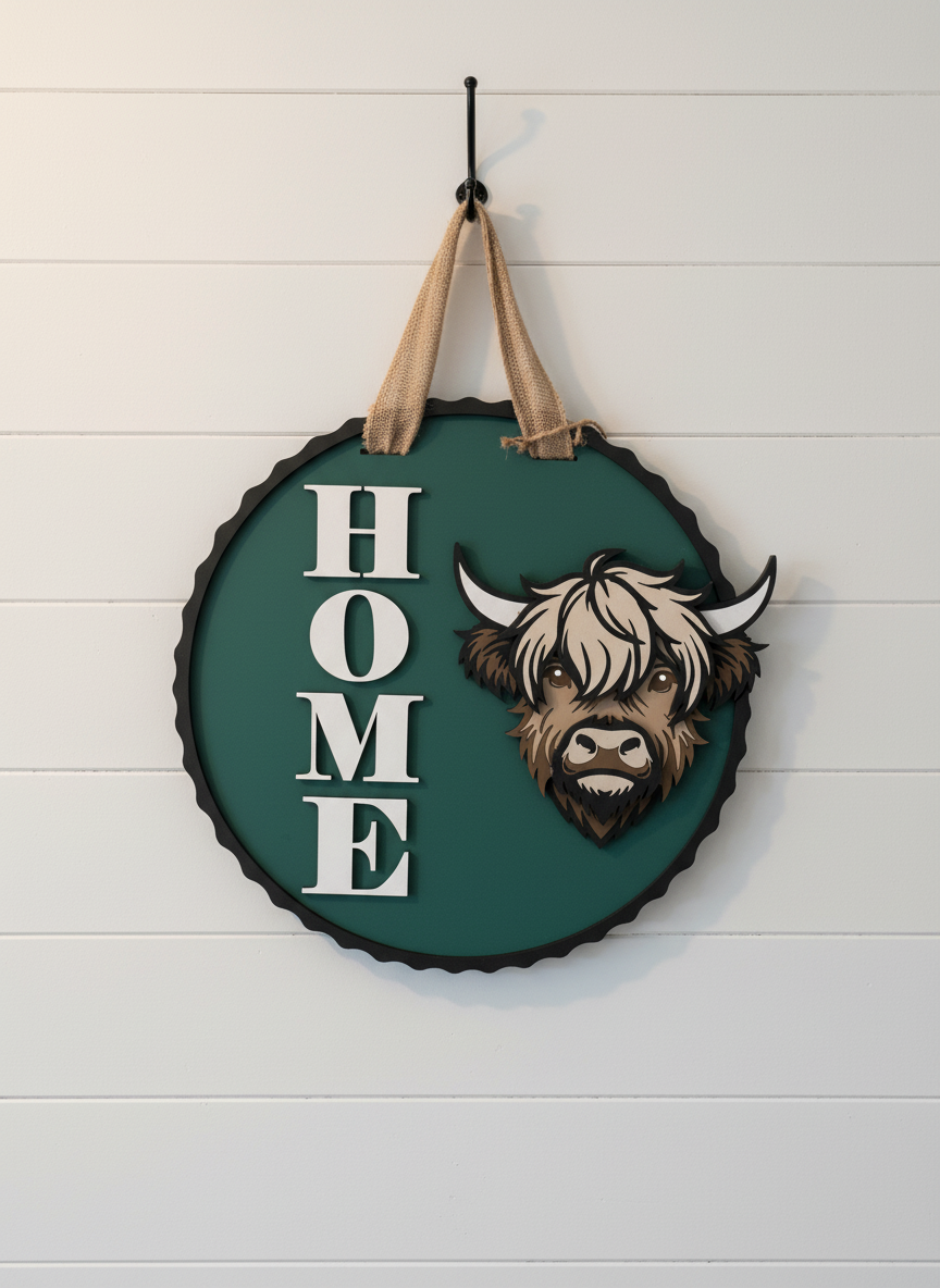 Highland Cow “Home” Door Sign – Handcrafted Farmhouse & Rustic Home Décor