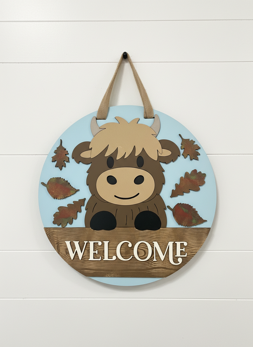 Highland Cow Welcome Door Hanger – 3D Wood Farmhouse Fall Front Door Sign
