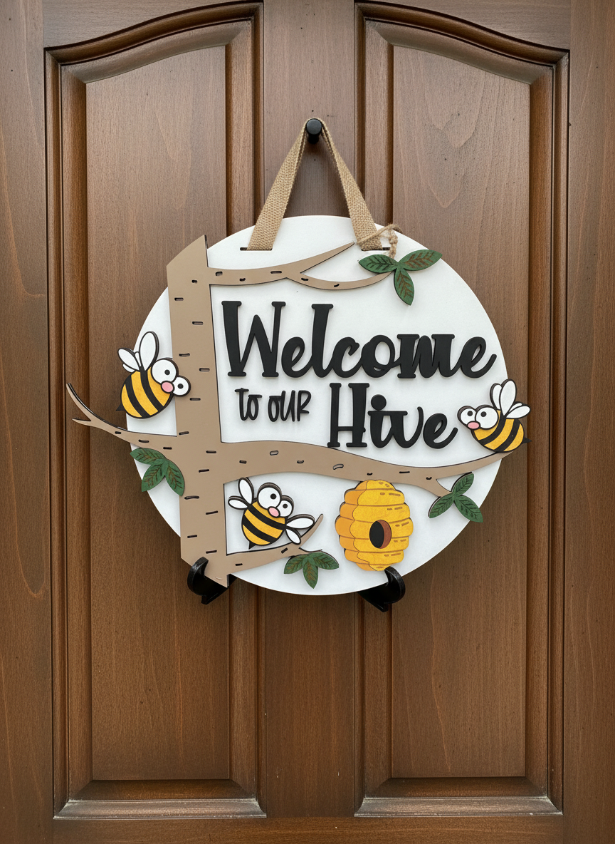 Welcome to our Hive" Bee-Themed Door Sign - Embrace Nature's Warmth