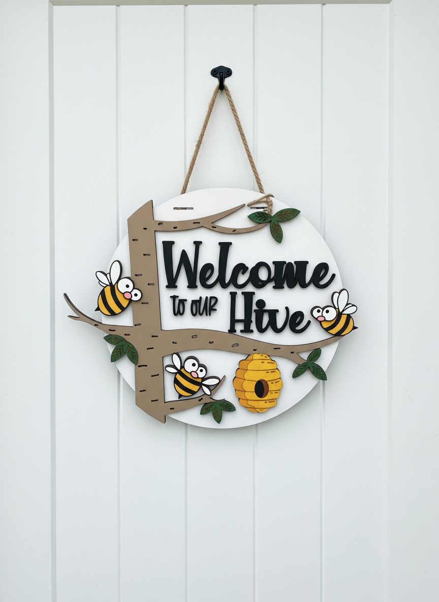 Welcome to our Hive" Bee-Themed Door Sign - Embrace Nature's Warmth