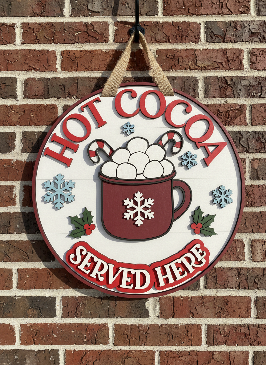 Hot Cocoa Served Here Sign – 3D Layered Wood Christmas Decor | Holiday Kitchen & Coffee Bar Accent