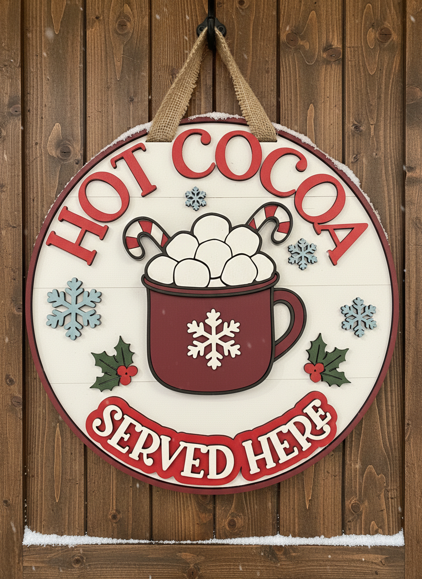 Hot Cocoa Served Here Sign – 3D Layered Wood Christmas Decor | Holiday Kitchen & Coffee Bar Accent