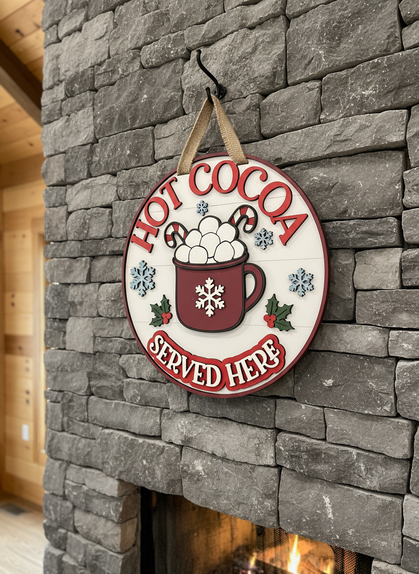 Hot Cocoa Served Here Sign – 3D Layered Wood Christmas Decor | Holiday Kitchen & Coffee Bar Accent