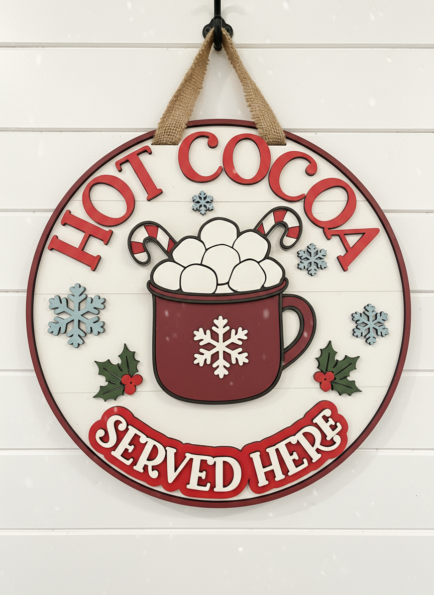 Hot Cocoa Served Here Sign – 3D Layered Wood Christmas Decor | Holiday Kitchen & Coffee Bar Accent