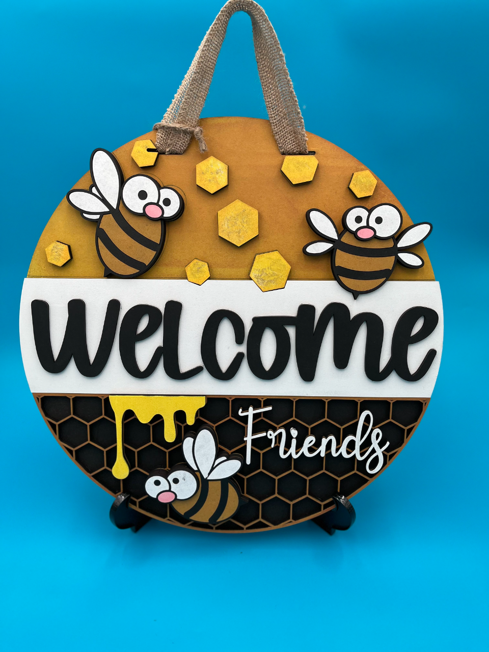 Welcome Friends Bee Door Hanger – 3D Bee & Honeycomb Door Decor | Handmade Rustic Welcome Sign
