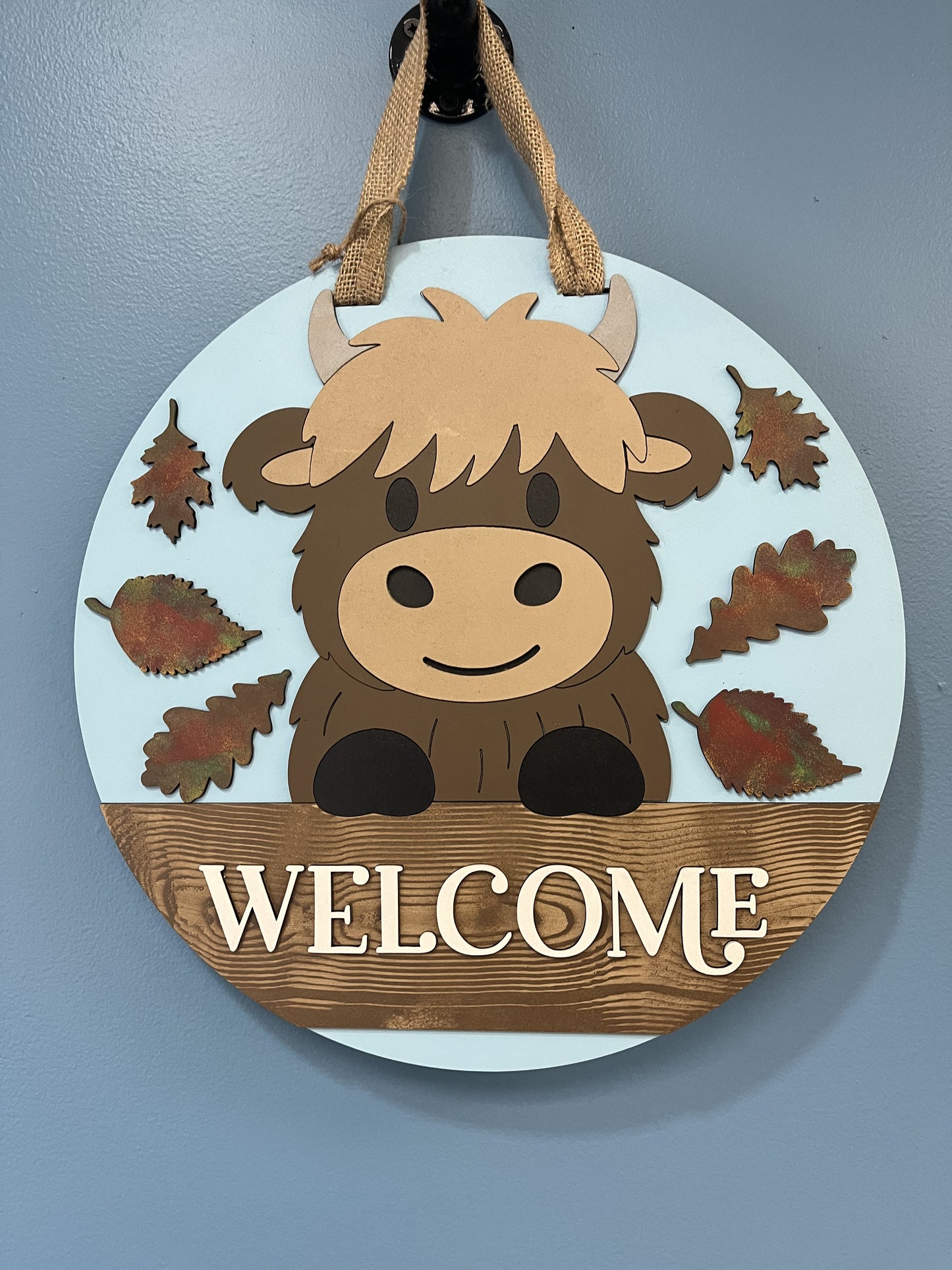 Highland Cow Welcome Door Hanger – 3D Wood Farmhouse Fall Front Door Sign