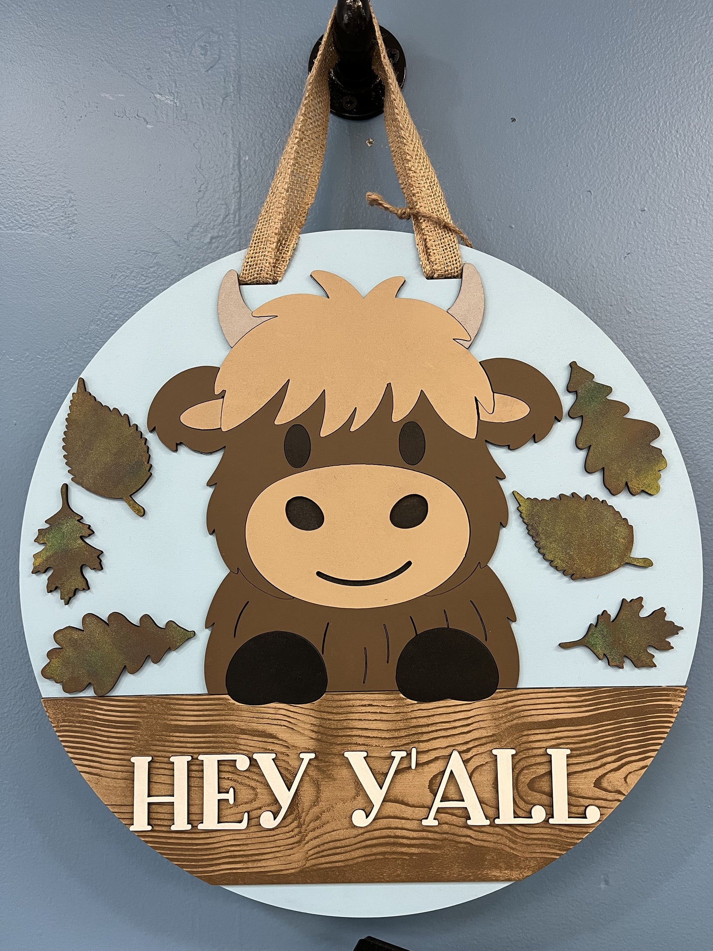 Highland Cow Hey Y’all Door Hanger – 3D Wood Farmhouse Fall Welcome Sign