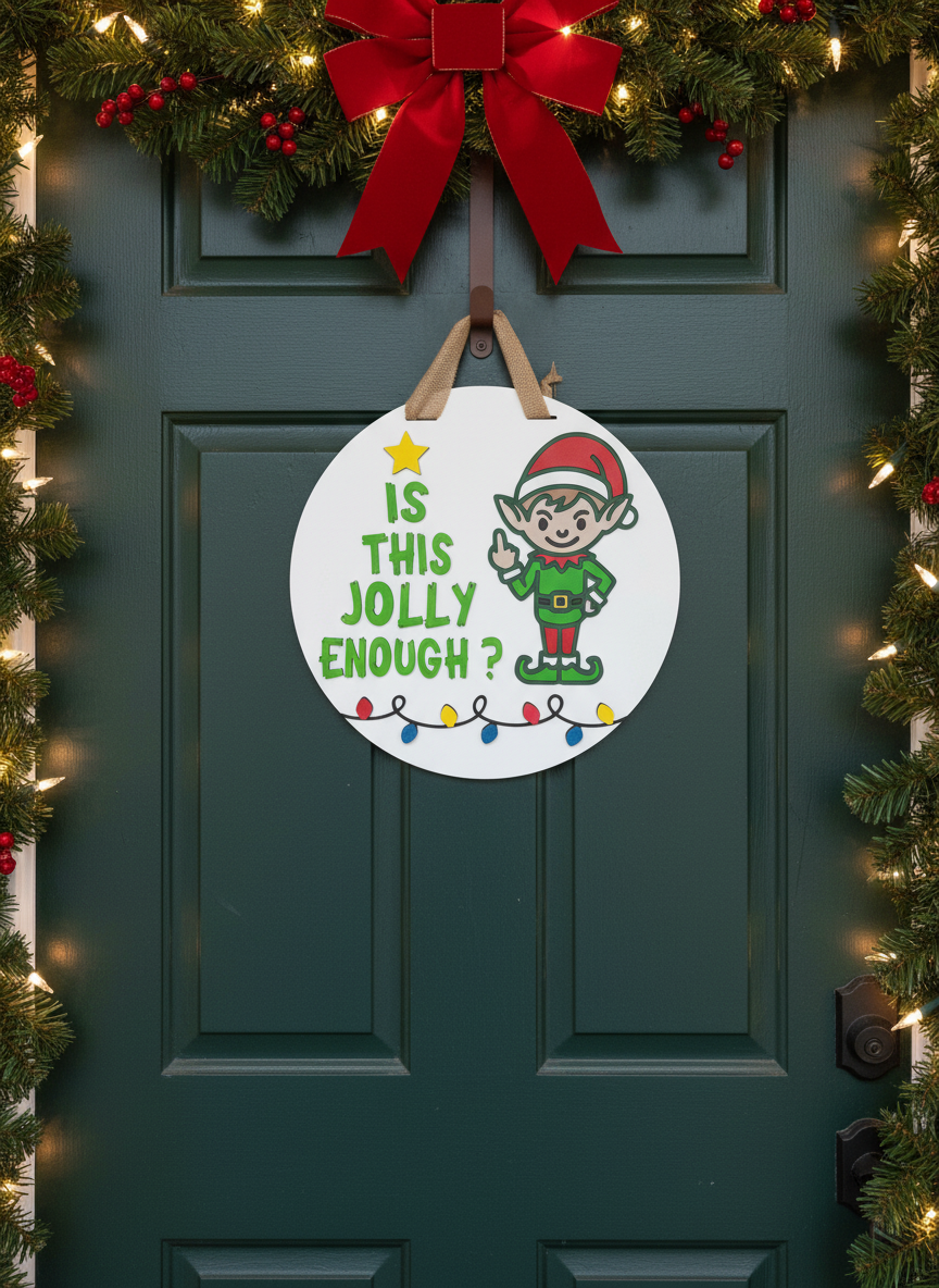 “Is This Jolly Enough?” Christmas Elf Door Sign – Handcrafted Holiday Décor