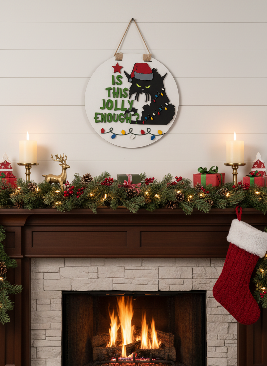 “Is This Jolly Enough?” Black Cat Door Sign – Funny Holiday & Christmas Decor
