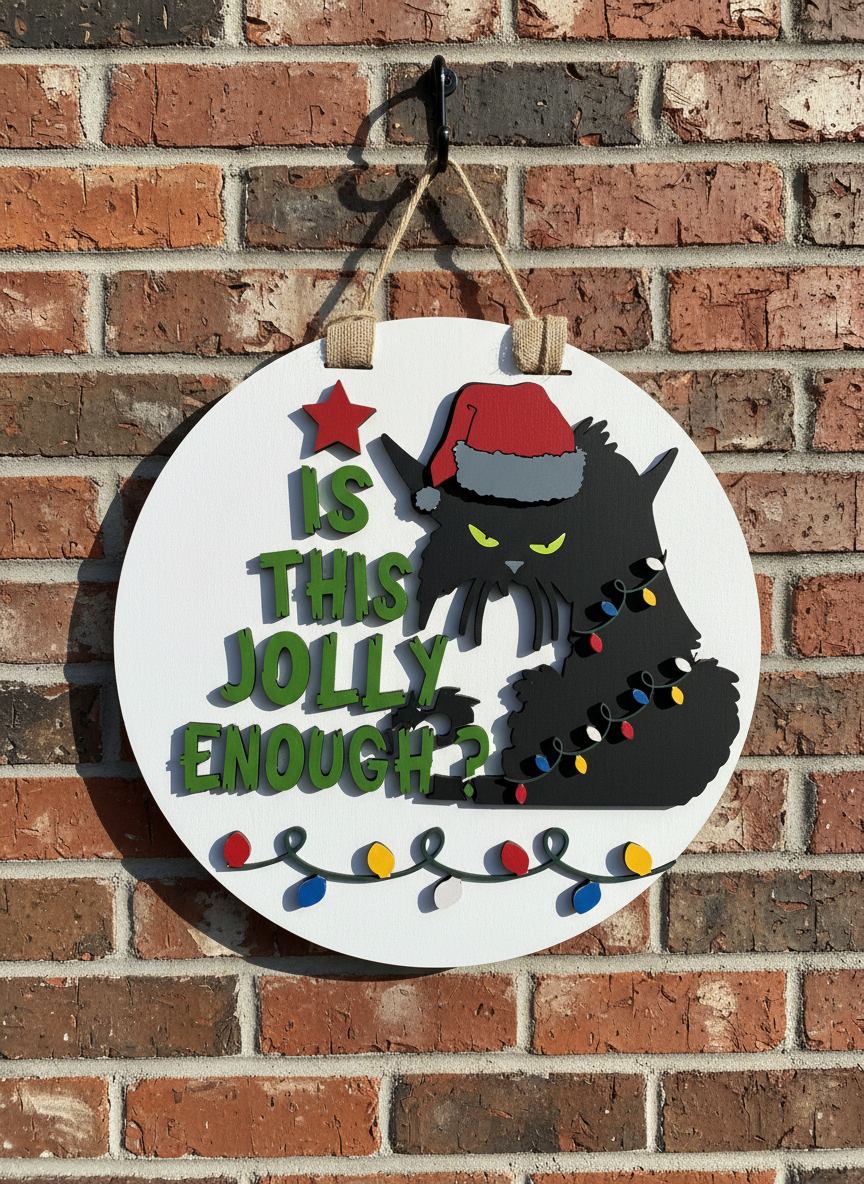 “Is This Jolly Enough?” Black Cat Door Sign – Funny Holiday & Christmas Decor