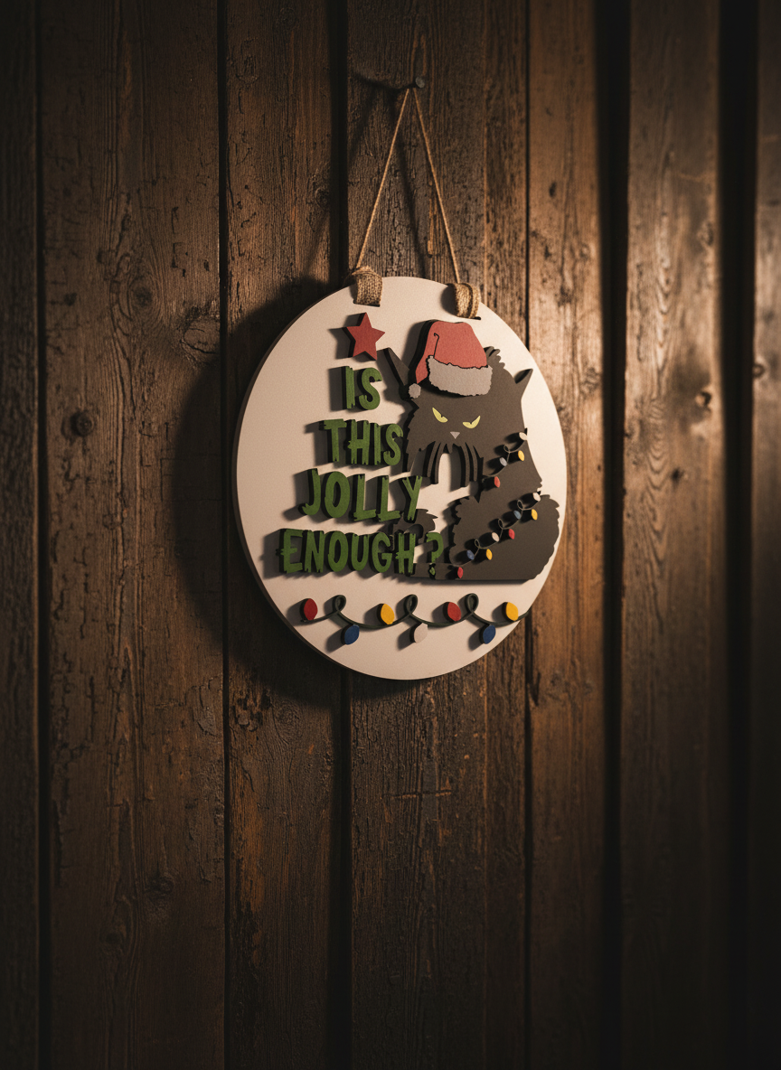 “Is This Jolly Enough?” Black Cat Door Sign – Funny Holiday & Christmas Decor
