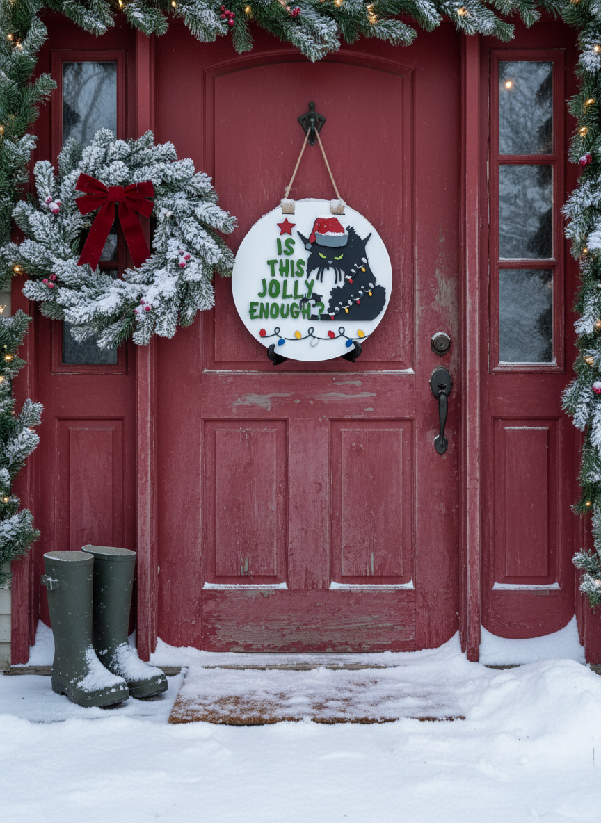 “Is This Jolly Enough?” Black Cat Door Sign – Funny Holiday & Christmas Decor