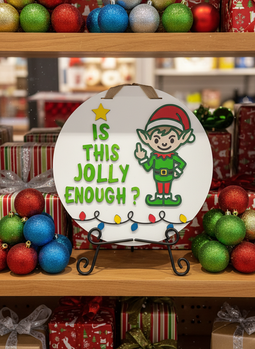 “Is This Jolly Enough?” Christmas Elf Door Sign – Handcrafted Holiday Décor