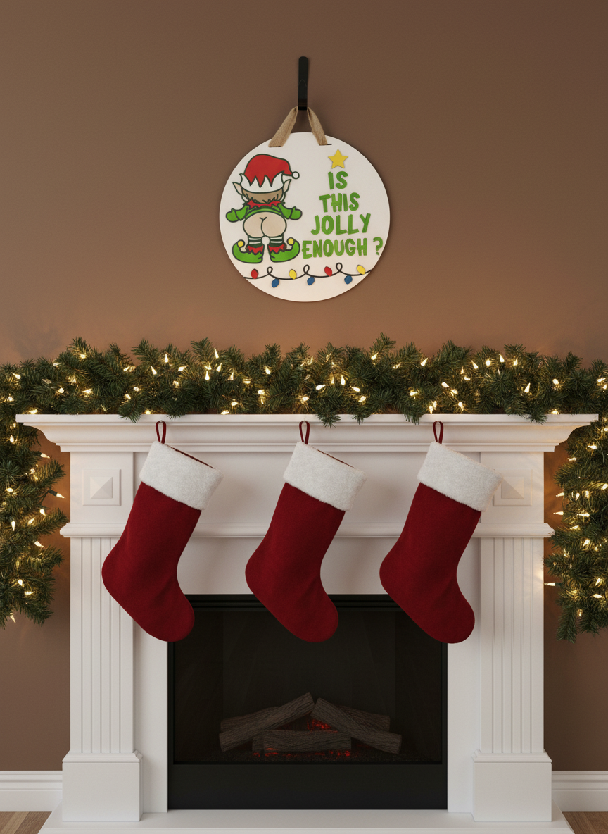 “Is This Jolly Enough?” Christmas Elf Door Sign – Handcrafted Holiday Décor