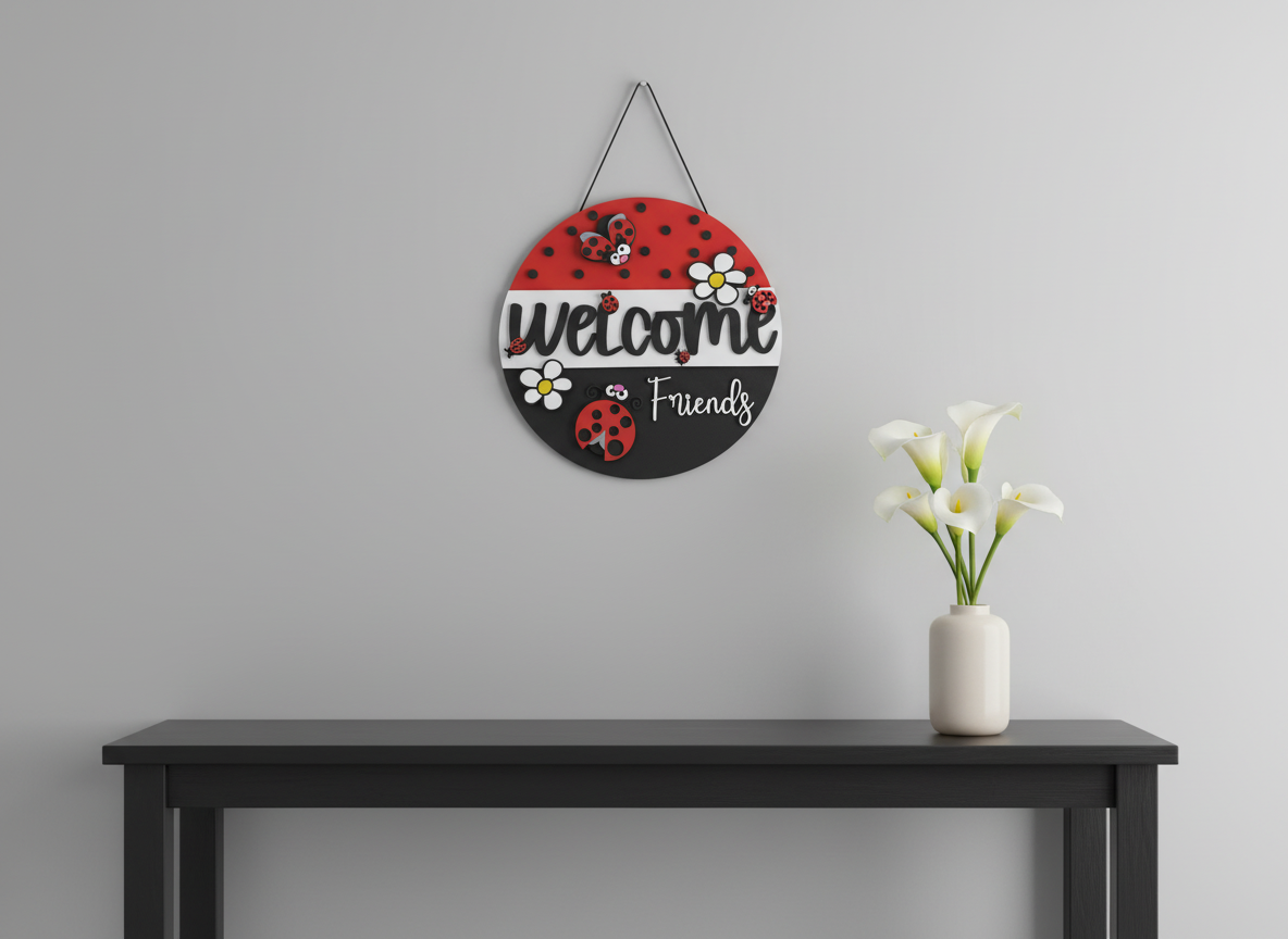 Welcome Friends" Door Sign with Ladybugs and Daisies - Cheerful Garden Charm