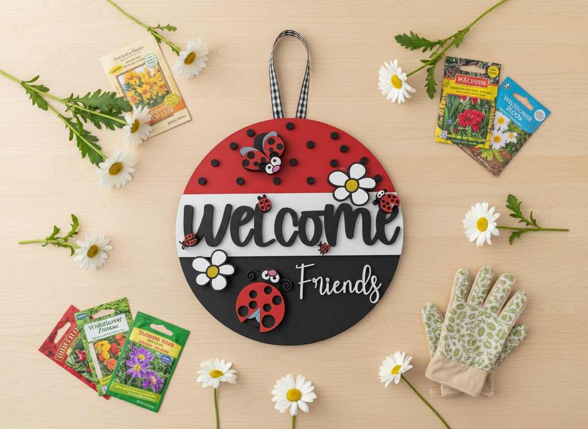 Welcome Friends" Door Sign with Ladybugs and Daisies - Cheerful Garden Charm