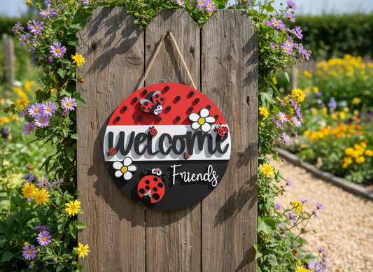 Welcome Friends" Door Sign with Ladybugs and Daisies - Cheerful Garden Charm