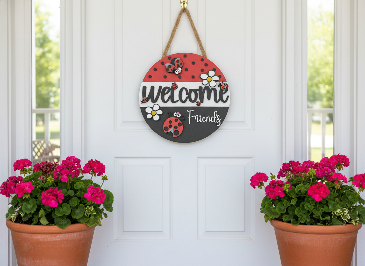 Welcome Friends" Door Sign with Ladybugs and Daisies - Cheerful Garden Charm