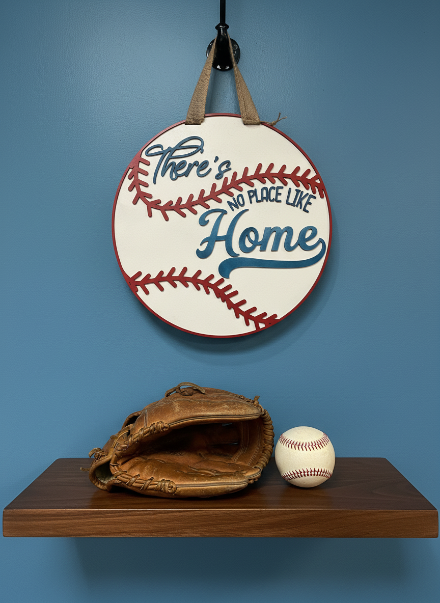 There’s No Place Like Home Baseball Door Sign | Layered Wood Sports Decor | Baseball Front Door Hanger | Handmade Fan Sign