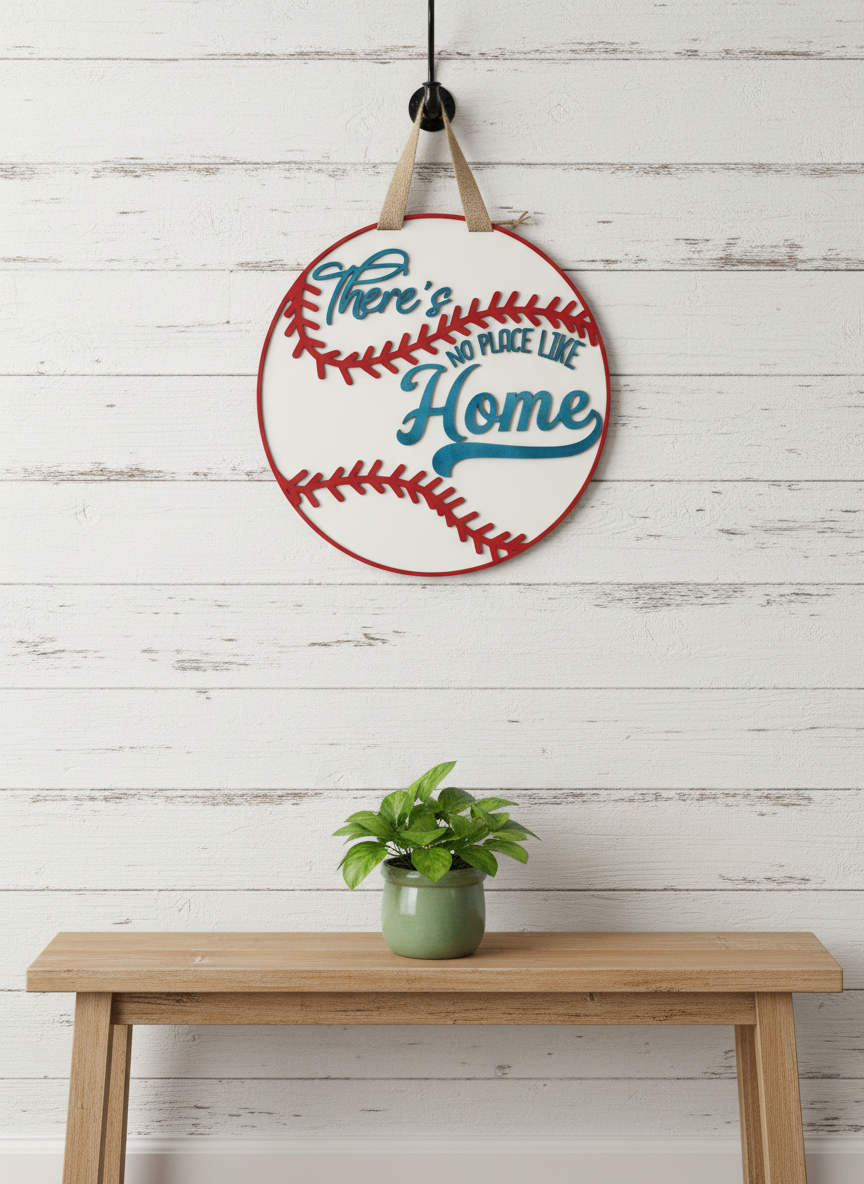 There’s No Place Like Home Baseball Door Sign | Layered Wood Sports Decor | Baseball Front Door Hanger | Handmade Fan Sign