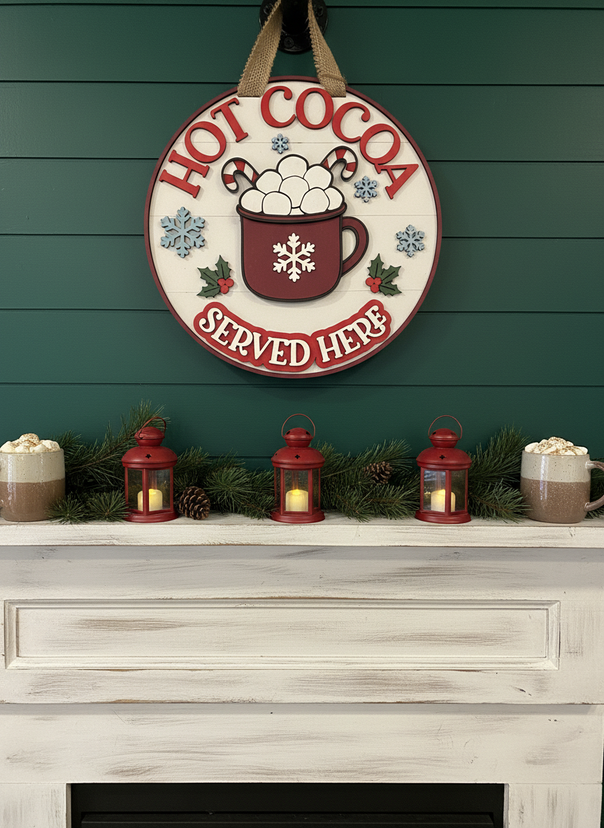 Hot Cocoa Served Here Sign – 3D Layered Wood Christmas Decor | Holiday Kitchen & Coffee Bar Accent