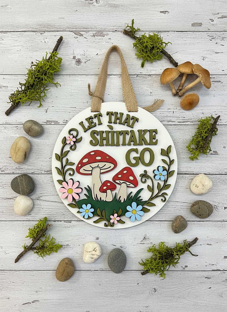 Let That Shiitake Go Sign – Funny Mushroom Wall Decor | Handmade Cottagecore Home Accent