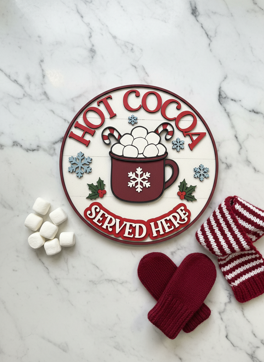 Hot Cocoa Served Here Sign – 3D Layered Wood Christmas Decor | Holiday Kitchen & Coffee Bar Accent