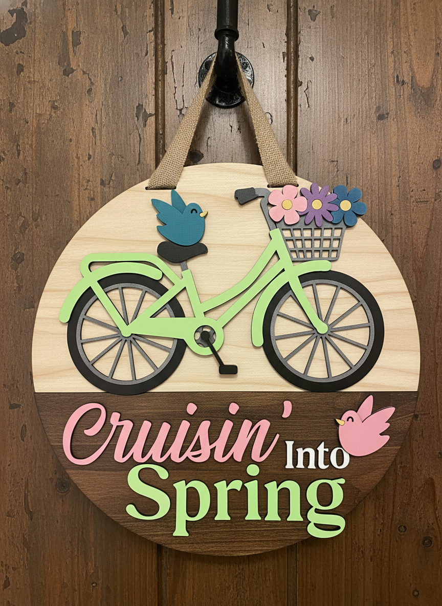 Cruisin’ Into Spring Bicycle Door Sign | Layered Wood Spring Decor | Front Door Hanger | Handmade Seasonal Welcome Sign