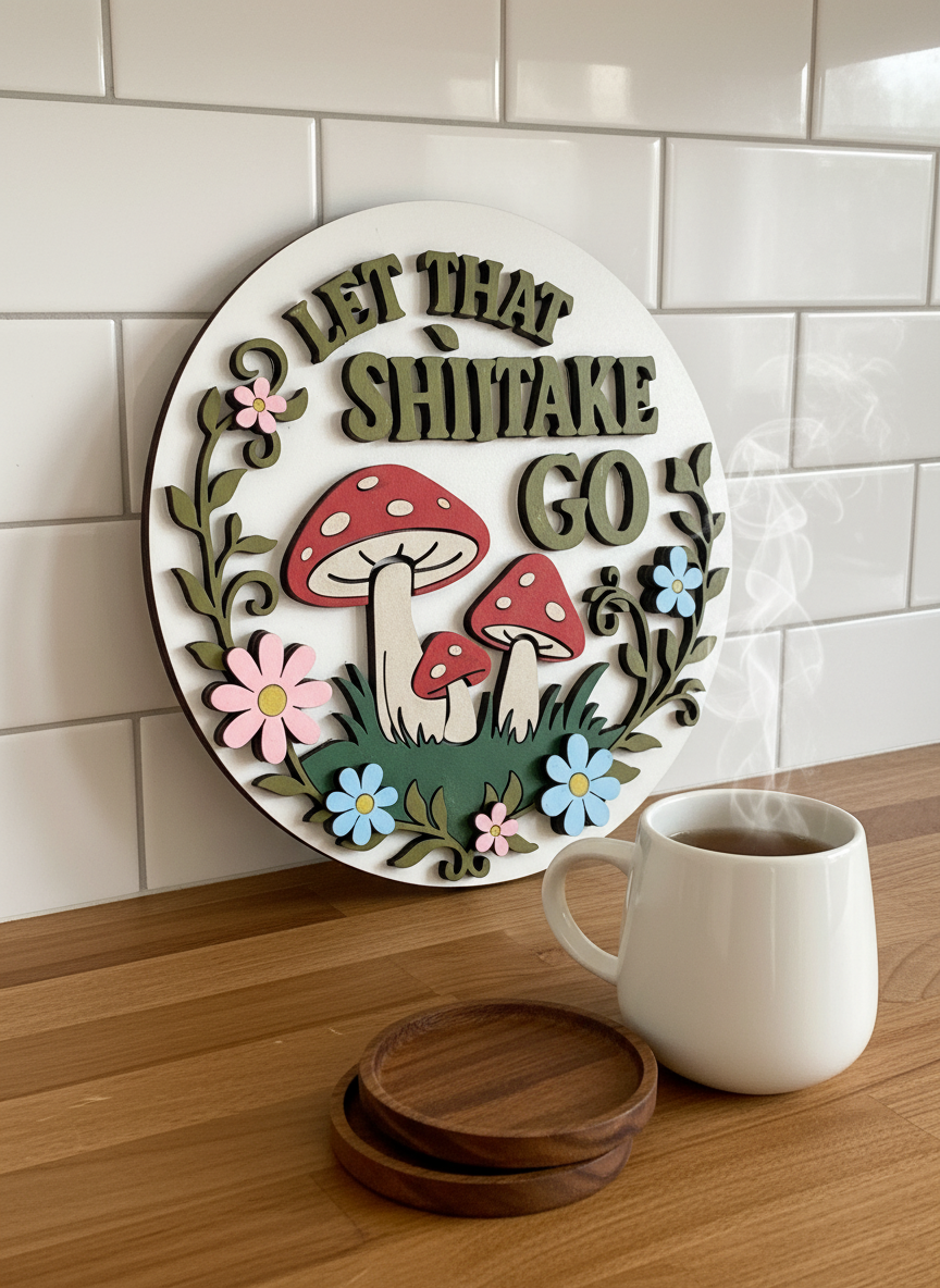 Let That Shiitake Go Sign – Funny Mushroom Wall Decor | Handmade Cottagecore Home Accent